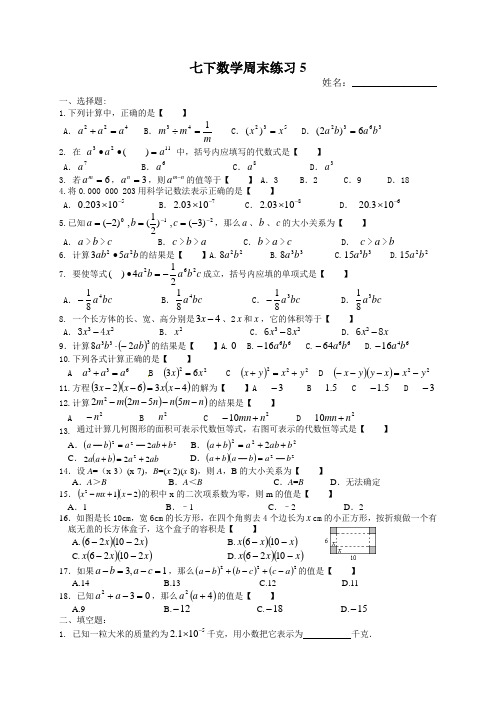 (苏教版)七年级数学下册：周末作业练习(5)及答案