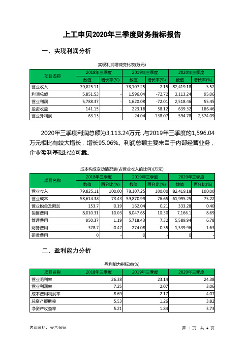 上工申贝2020年三季度财务指标报告