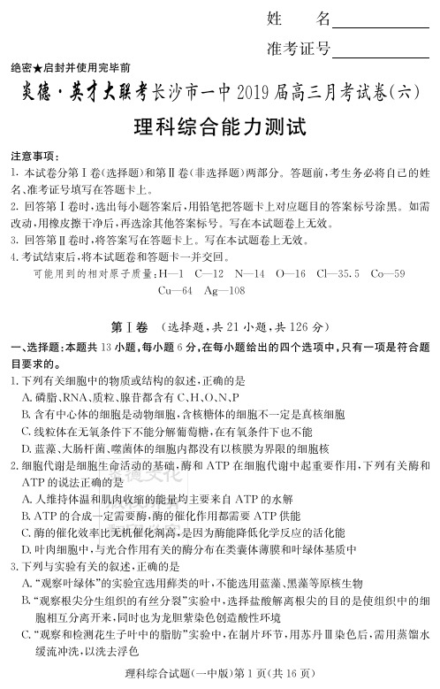 炎德英才大联考2019届长沙一中高三月考理综(试题)