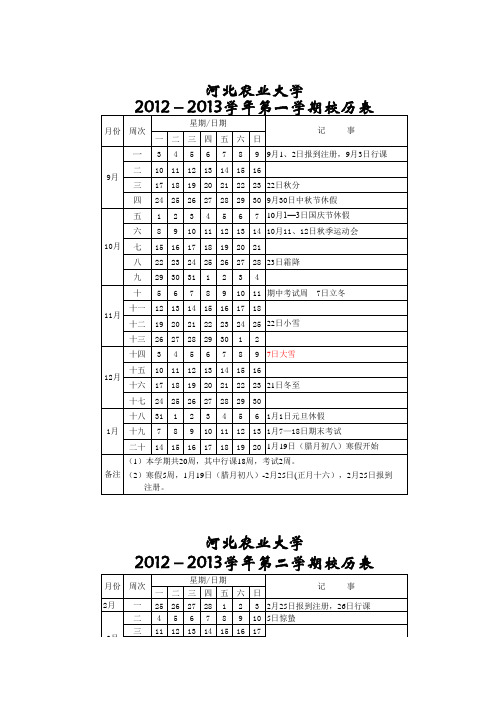 河北农业大学2012-2013两学期校历