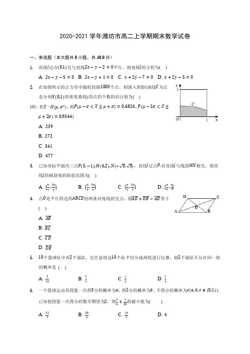 2020-2021学年潍坊市高二上学期期末数学试卷(含解析)