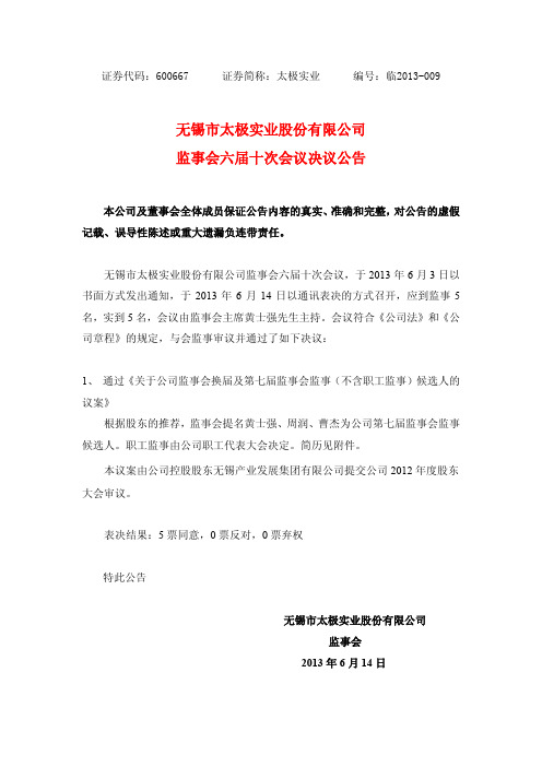 600667太极实业监事会六届十次会议决议公告