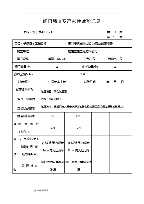 阀门强度与严密性试验记录文本