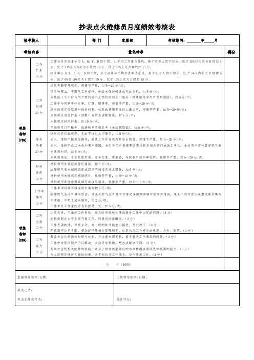 燃气公司抄表点火维修员月度绩效考核表