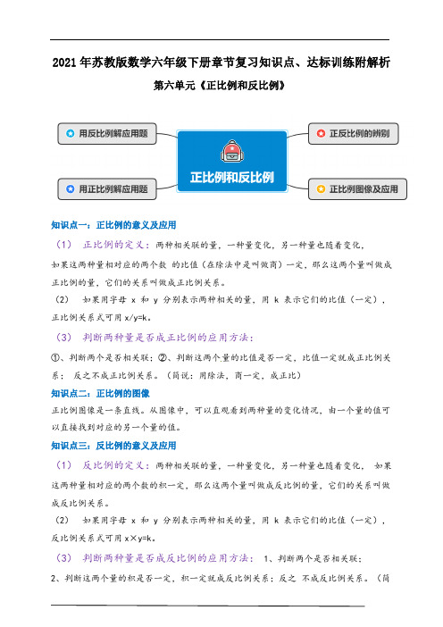 2021年苏教版数学六下第六单元《正比例和反比例》章节知识点、达标训练附解析