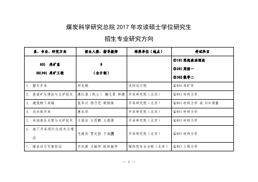 煤炭科学研究总院2017年攻读硕士学位研究生招生专业研究