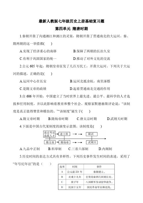 最新人教版七年级历史上册第四单元 隋唐时期 基础复习题(含答案)