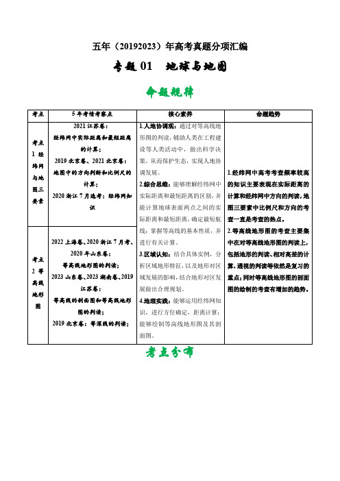 专题01地球与地图-五年(2019-2023)高考地理真题分项汇编