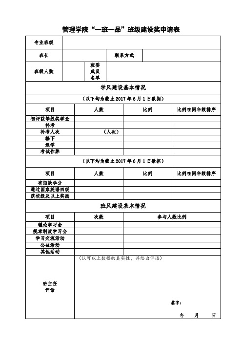 管理学院一班一品班级建设奖申请表