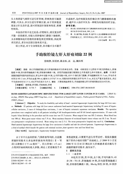 手助腹腔镜左肝大肝癌切除22例