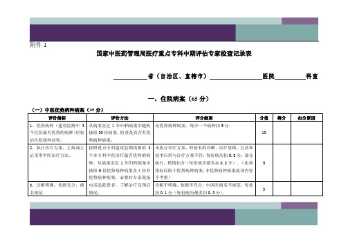 中医药管理局医疗重点专科中期评估专家检查记录表