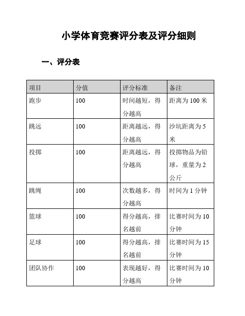 小学体育竞赛评分表及评分细则