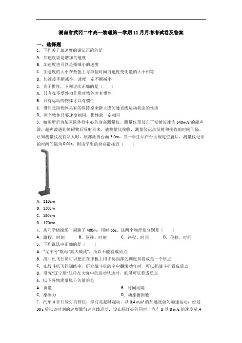 湖南省武冈二中高一物理第一学期11月月考考试卷及答案