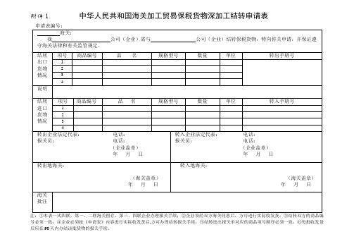 中华人民共和国海关加工贸易保税货物深加工结转申请表