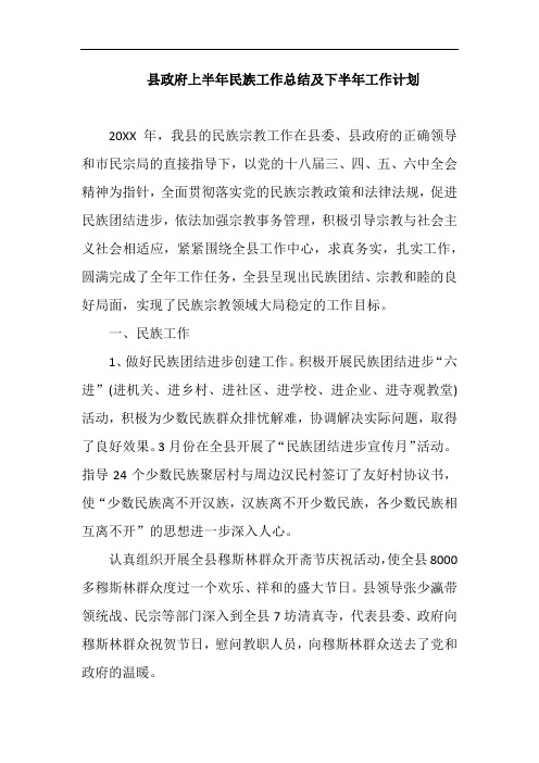 县政府上半年民族工作总结及下半年工作计划