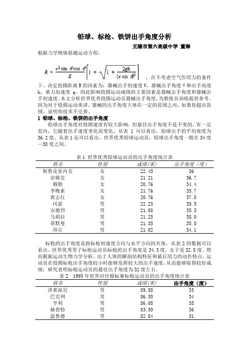 铅球、标枪、铁饼出手角度分析
