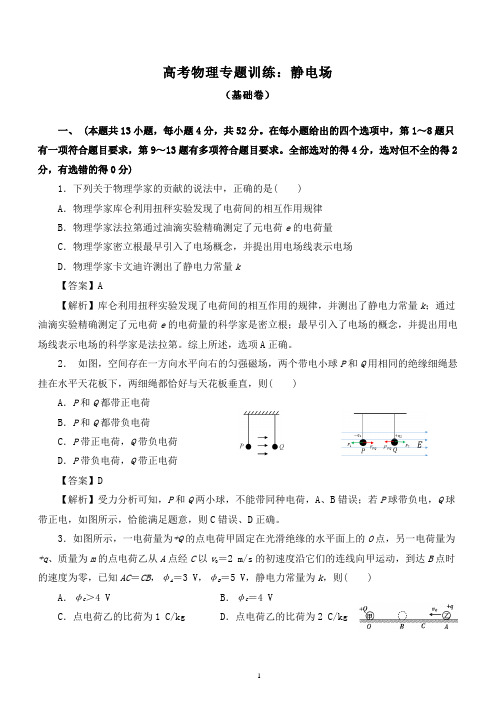 2020届高考物理专题训练：静电场(两套 附详细答案解析)