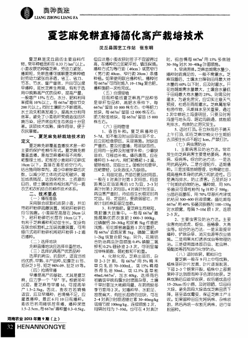 夏芝麻免耕直播简化高产栽培技术