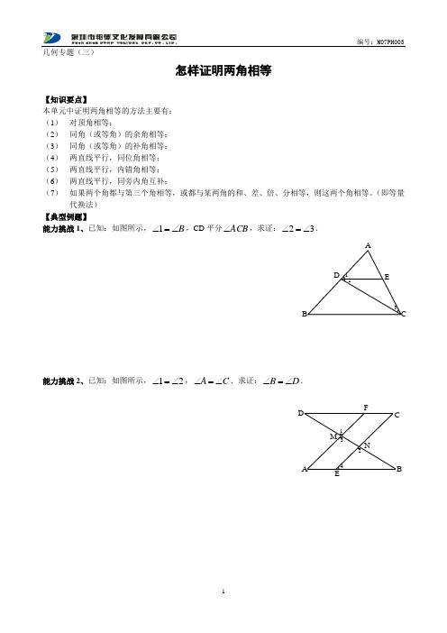 几何专题(三)怎样证明两角相等及怎样证明两直线平行