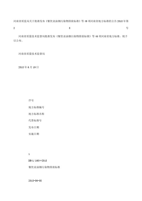 河南省质监局关于批准发布《餐饮业油烟污染物排放标准》等项河南省地方标准的公告 第号