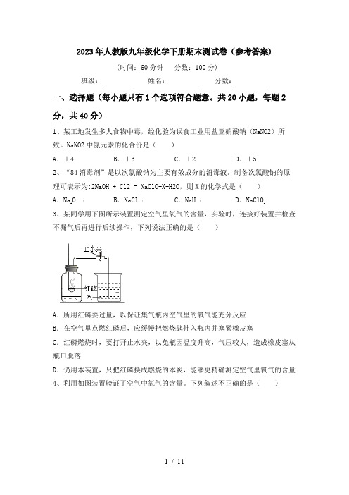 2023年人教版九年级化学下册期末测试卷(参考答案)