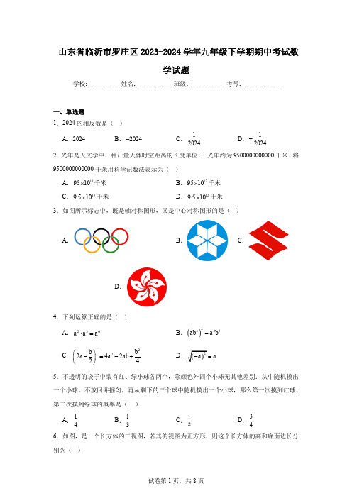 山东省临沂市罗庄区2023-2024学年九年级下学期期中考试数学试题