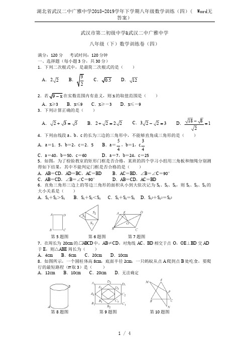 湖北省武汉二中广雅中学2018-2019学年下学期八年级数学训练(四)(  Word无答案)