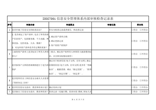 ISO27001信息安全管理体系内部审核检查记录表