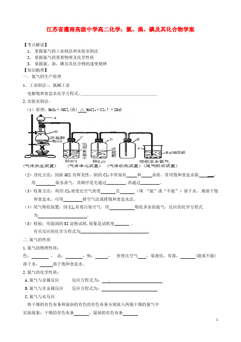 江苏省灌南高级中学高二化学 氯、溴、碘及其化合物学