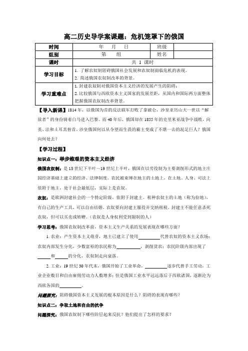 高二历史导学案课题：危机笼罩下的俄国(人教历史选修一)