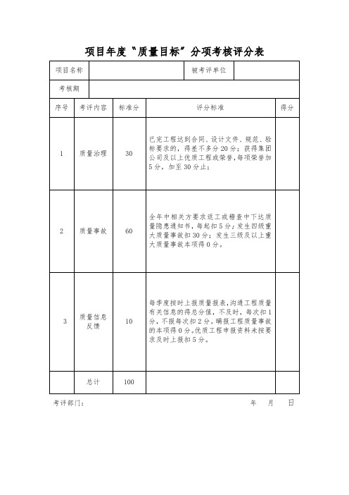 项目年度〝质量目标〞分项考核评分表