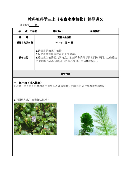 教科版科学三上《观察水生植物》辅导讲义