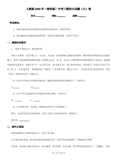 人教版2020年(春秋版)中考三模语文试题(II)卷(模拟)