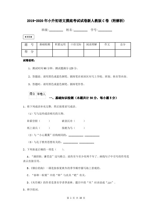 2019-2020年小升初语文摸底考试试卷新人教版C卷 (附解析)