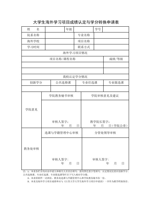 海外学习计划学分认定申请表