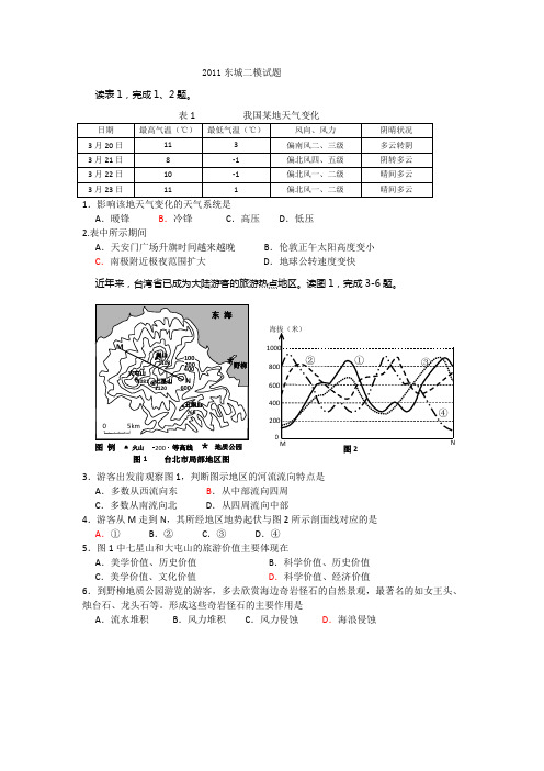 2011年东城区高三二模文综试题及答案(地理)
