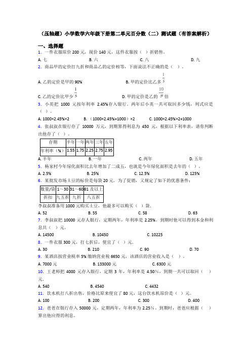(压轴题)小学数学六年级下册第二单元百分数(二)测试题(有答案解析)
