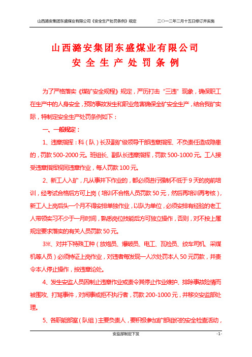 山西潞安集团东盛煤业有限公司安全生产处罚条例