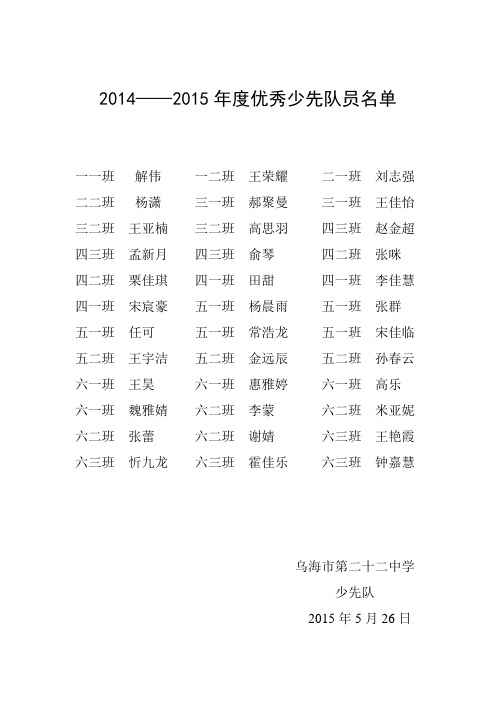 2014——2015年度优秀少先队员名单