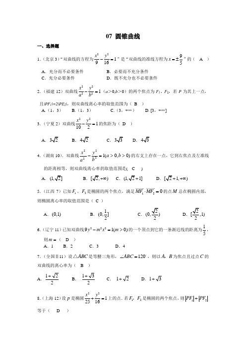 文科高考试题分类圆锥曲线