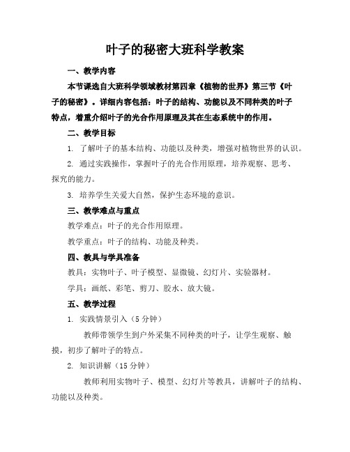 叶子的秘密大班科学教案