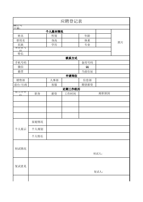 人力资源员工面试应聘登记表