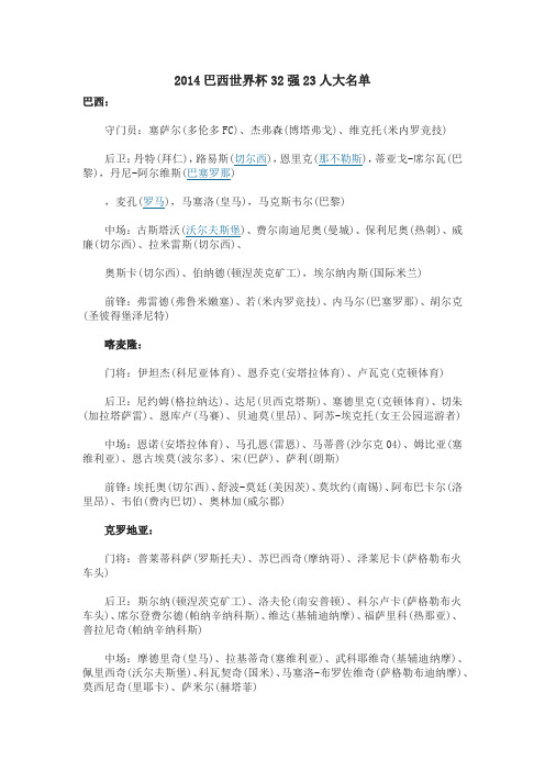 2014巴西世界杯32强23人大名单