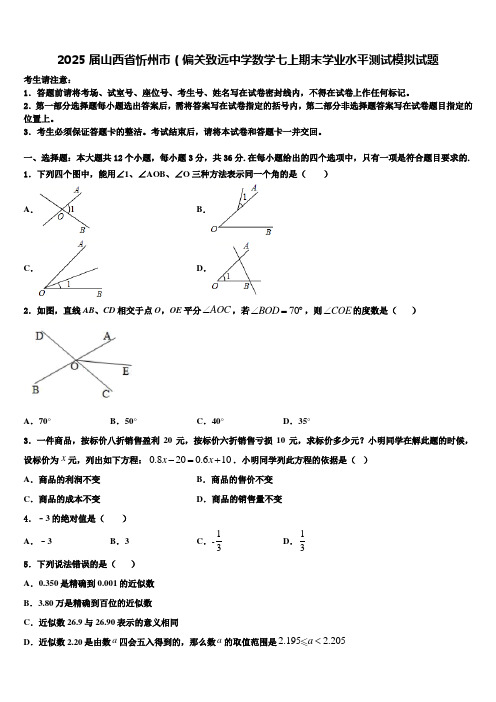 2025届山西省忻州市(偏关致远中学数学七上期末学业水平测试模拟试题含解析