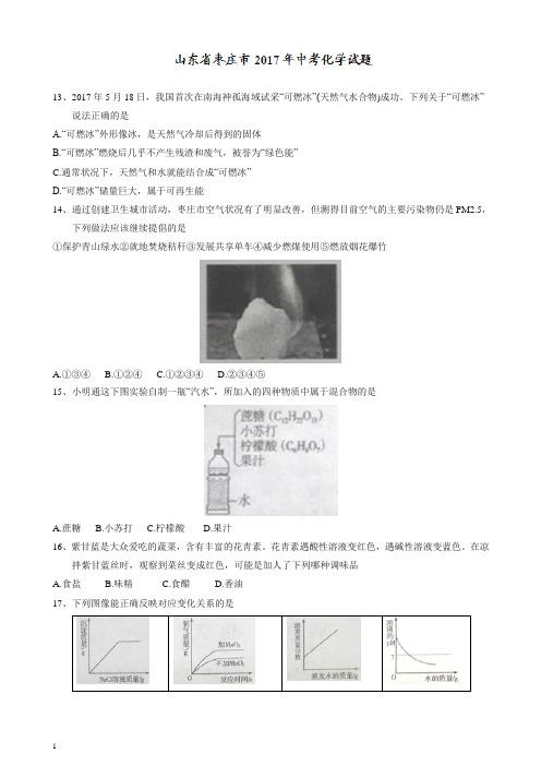 【精编】山东省枣庄市2017年中考化学试题(含答案).doc