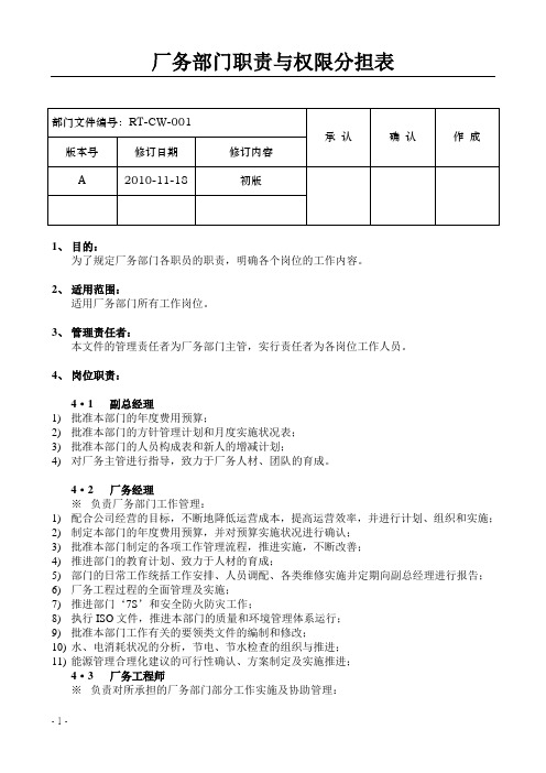 厂务部门职责与权限分担表