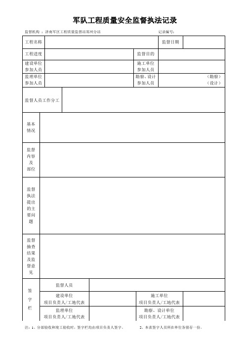 军队工程质量安全监督执法记录(抽查)