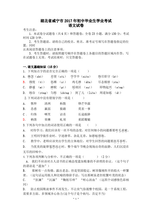 2017年湖北省咸宁市中考语文试卷及答案(word版)