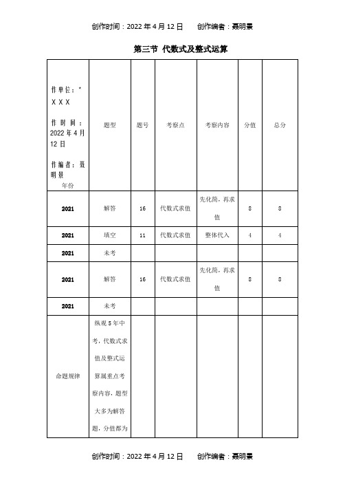 中考命题研究中考数学第一章数与式第3节代数式及整式运算试题