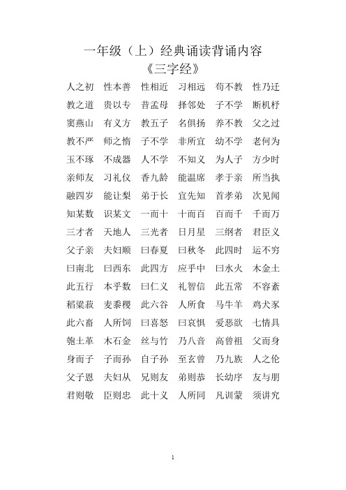小学各年级经典诵读内容
